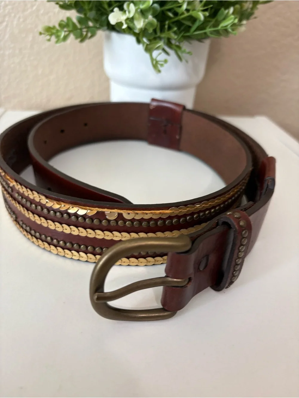 Express Brown Genuine Leather Sequin Studded Statement Belt Size L